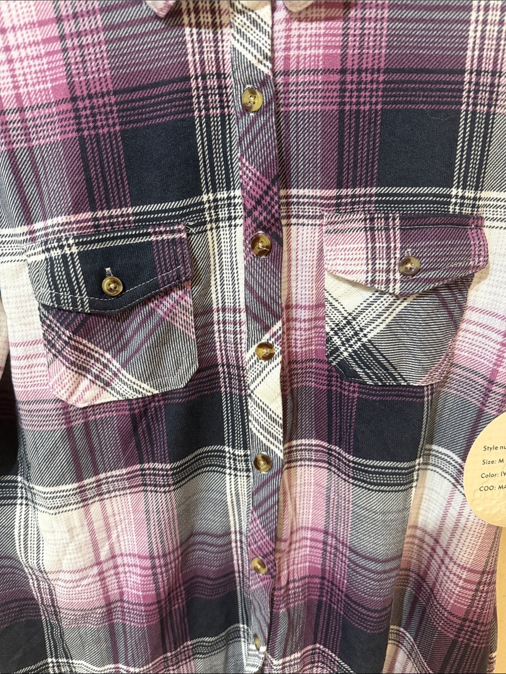 Eden & Olivia Pink, Charcoal & White Plaid Roll-Tab Flannel Shirt - Picture 6 of 8